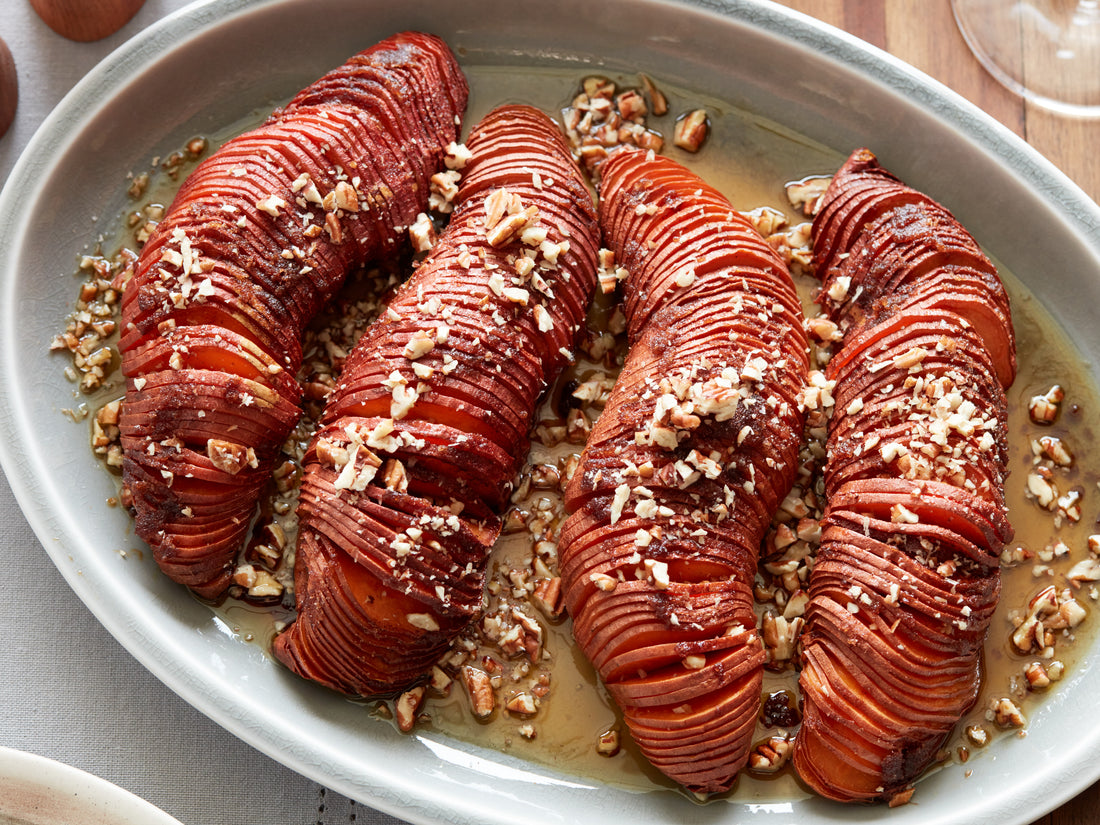 Hasselback Sweet Potatoes with Ham Glaze