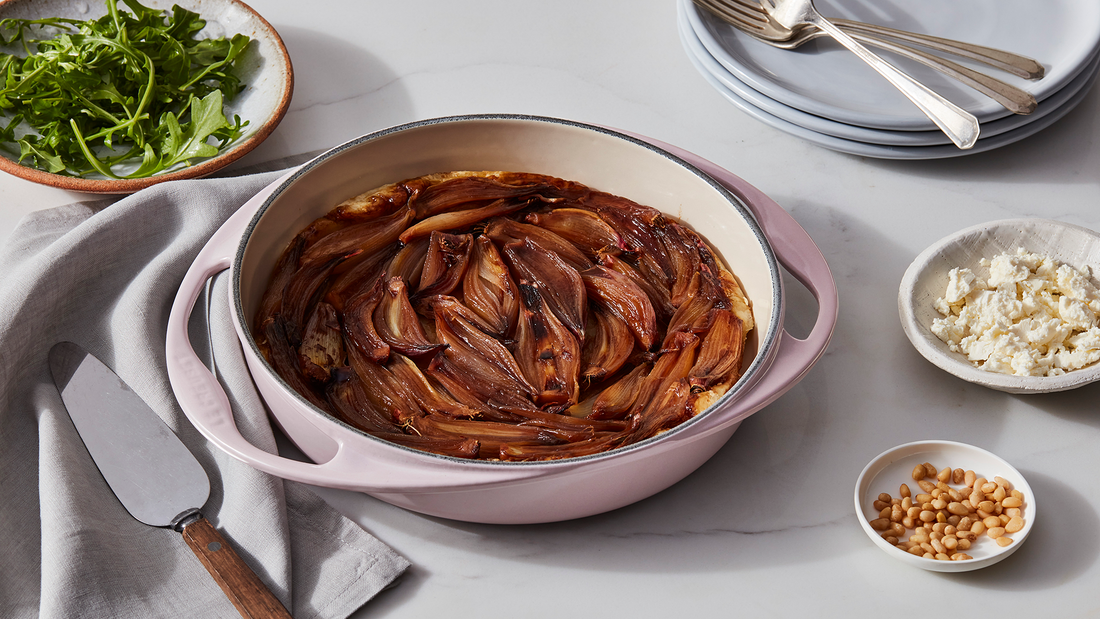 Tarte Tatin beautifully baked in a Le Creuset Shallot colored Dutch Oven.