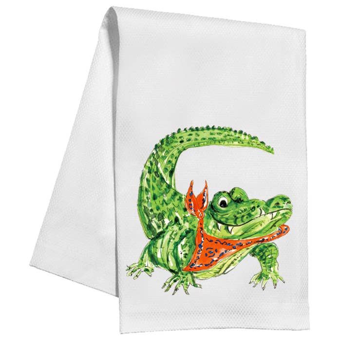 Handpainted Gator with Orange Bandana Kitchen Towel