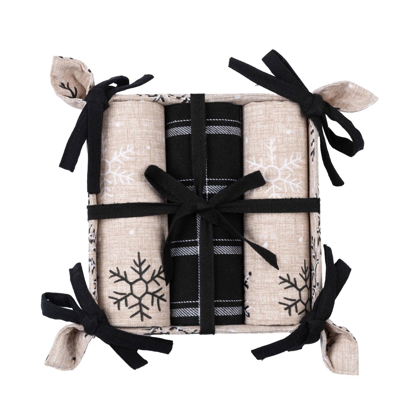 4 Piece Neutral Black Snowflake Tea Towel & Bread Basket Set