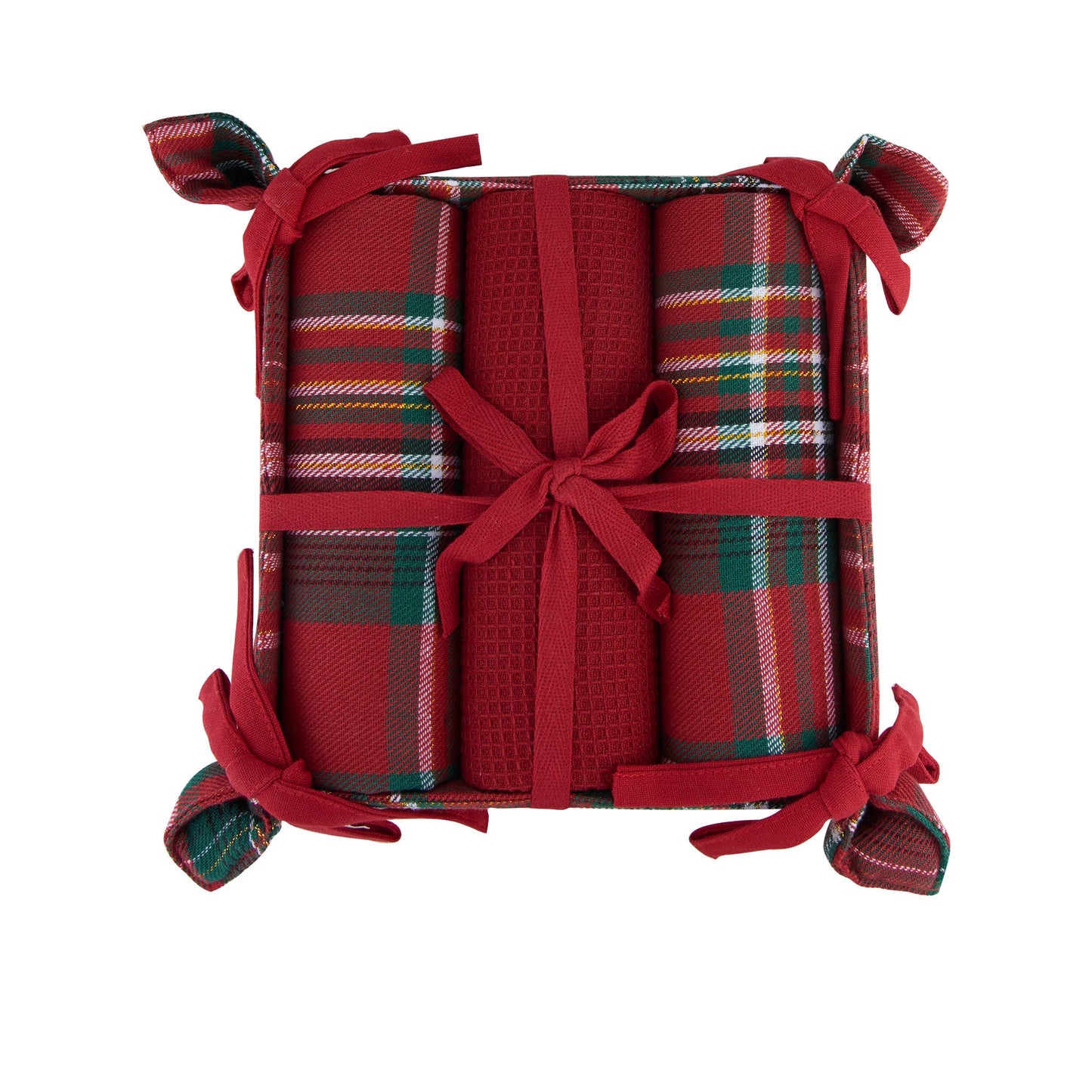 4 Pc Christmas Holiday Plaid Tea Towel & Bread Basket Set