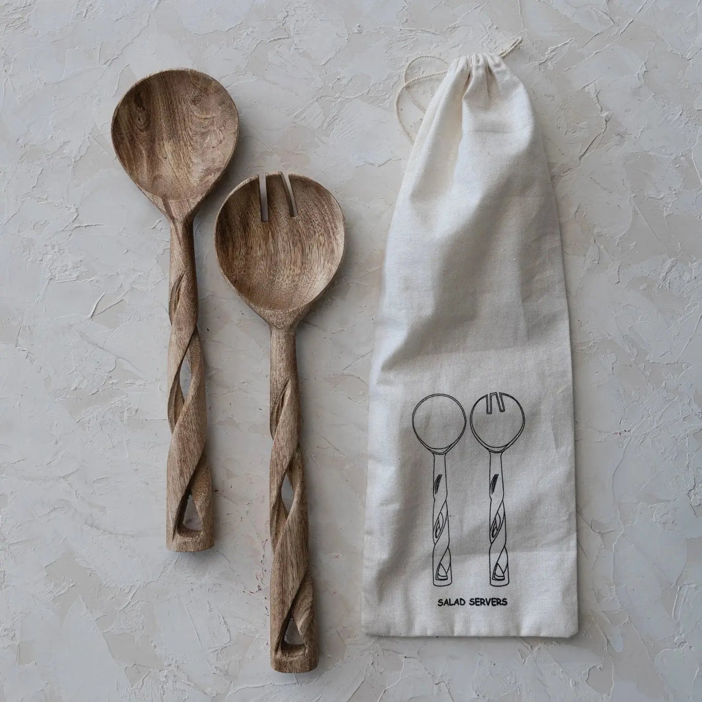 Hand-Carved Mango Wood Salad Servers w/ Twisted Handles CREATIVE CO-OP