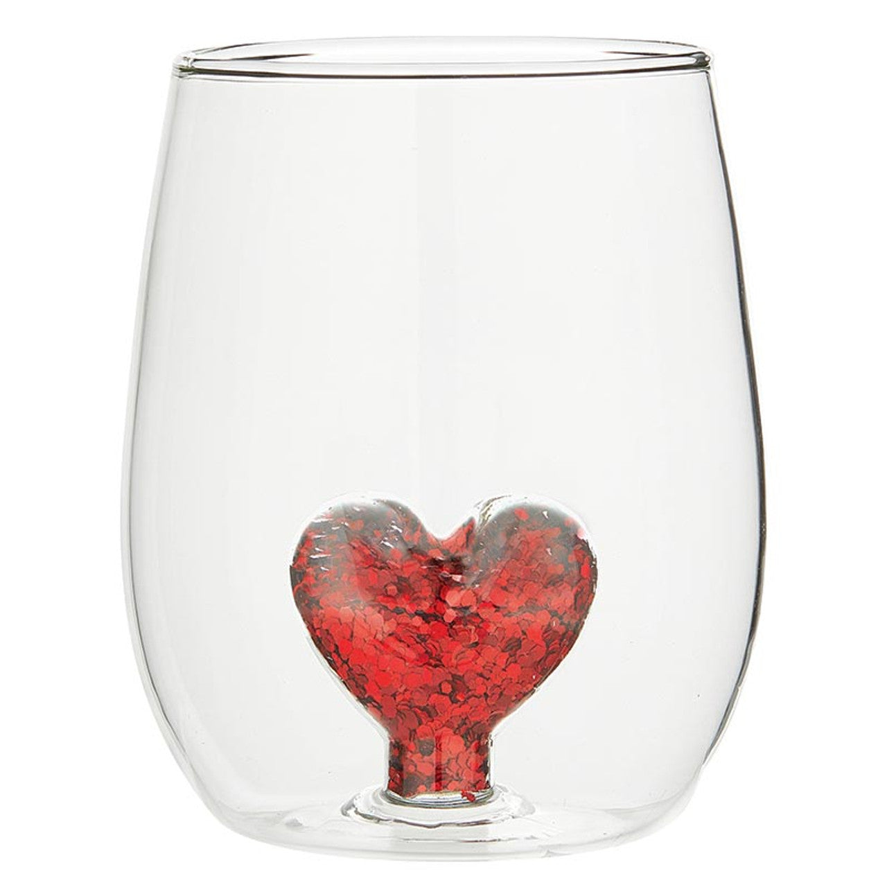 Red Heart Glitter Figurine Stemless Wine Glass