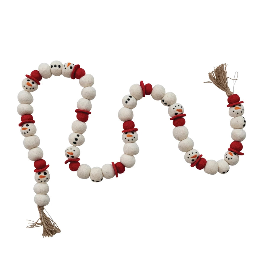 Handmade Wool Felt Snowman Garland with Jute Tassels