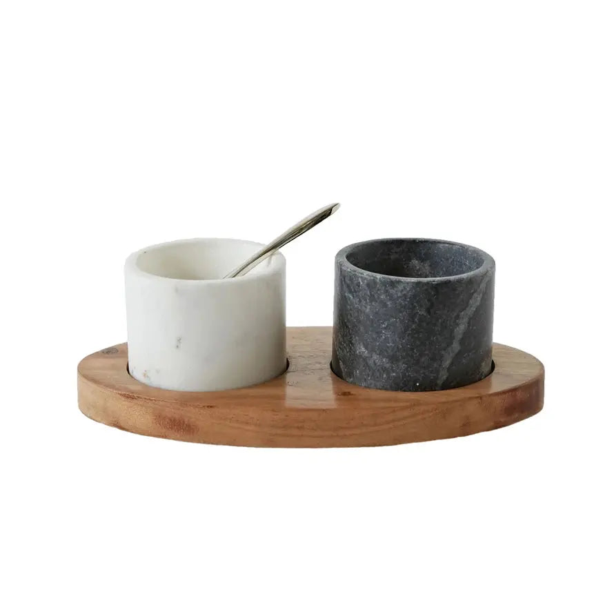 MANGO WOOD TRAY WITH MARBLE BOWLS/SPOON CREATIVE CO-OP