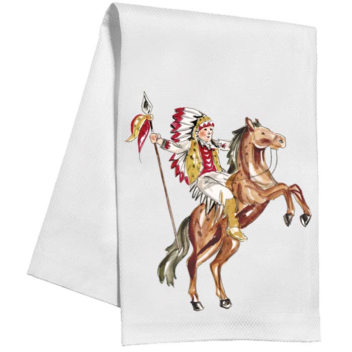 Handpainted Maroon & Gold Chief & Horse Kitchen Towel