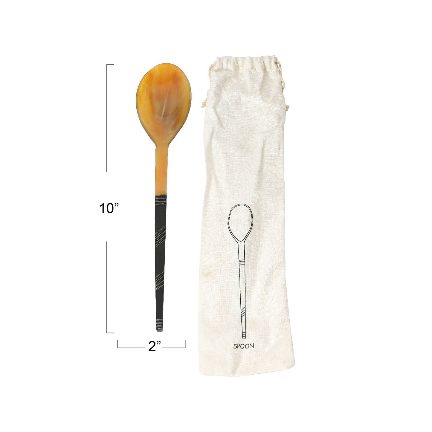 Horn Serving Spoon in Printed Drawstring Bag