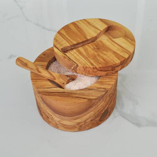 Olive Wood Salt Cellar with Magnetic Lid and Inset Spoon