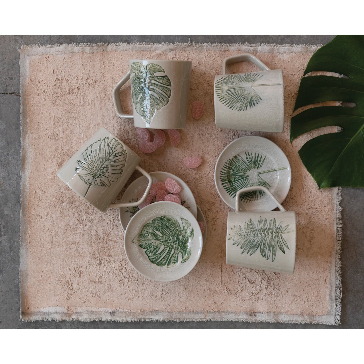 Stoneware Mug with Debossed Leaf, Reactive Crackle Glaze, 4 Styles