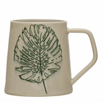 Stoneware Mug with Debossed Leaf, Reactive Crackle Glaze, 4 Styles
