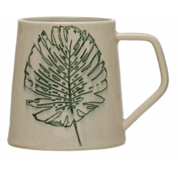 Stoneware Mug with Debossed Leaf, Reactive Crackle Glaze, 4 Styles
