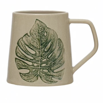 Stoneware Mug with Debossed Leaf, Reactive Crackle Glaze, 4 Styles