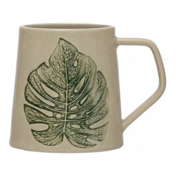 Stoneware Mug with Debossed Leaf, Reactive Crackle Glaze, 4 Styles