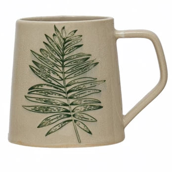 Stoneware Mug with Debossed Leaf, Reactive Crackle Glaze, 4 Styles