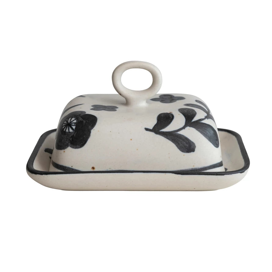 Hand-Painted Stoneware Butter Dish w/ Floral Design, Matte Black & Cream Color Speckled Oven Mitts & Pot Holders Browns Kitchen