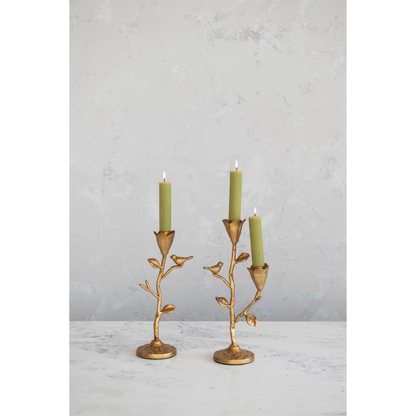 Flower + Bird Cast Iron Bronze Taper Candle Holder