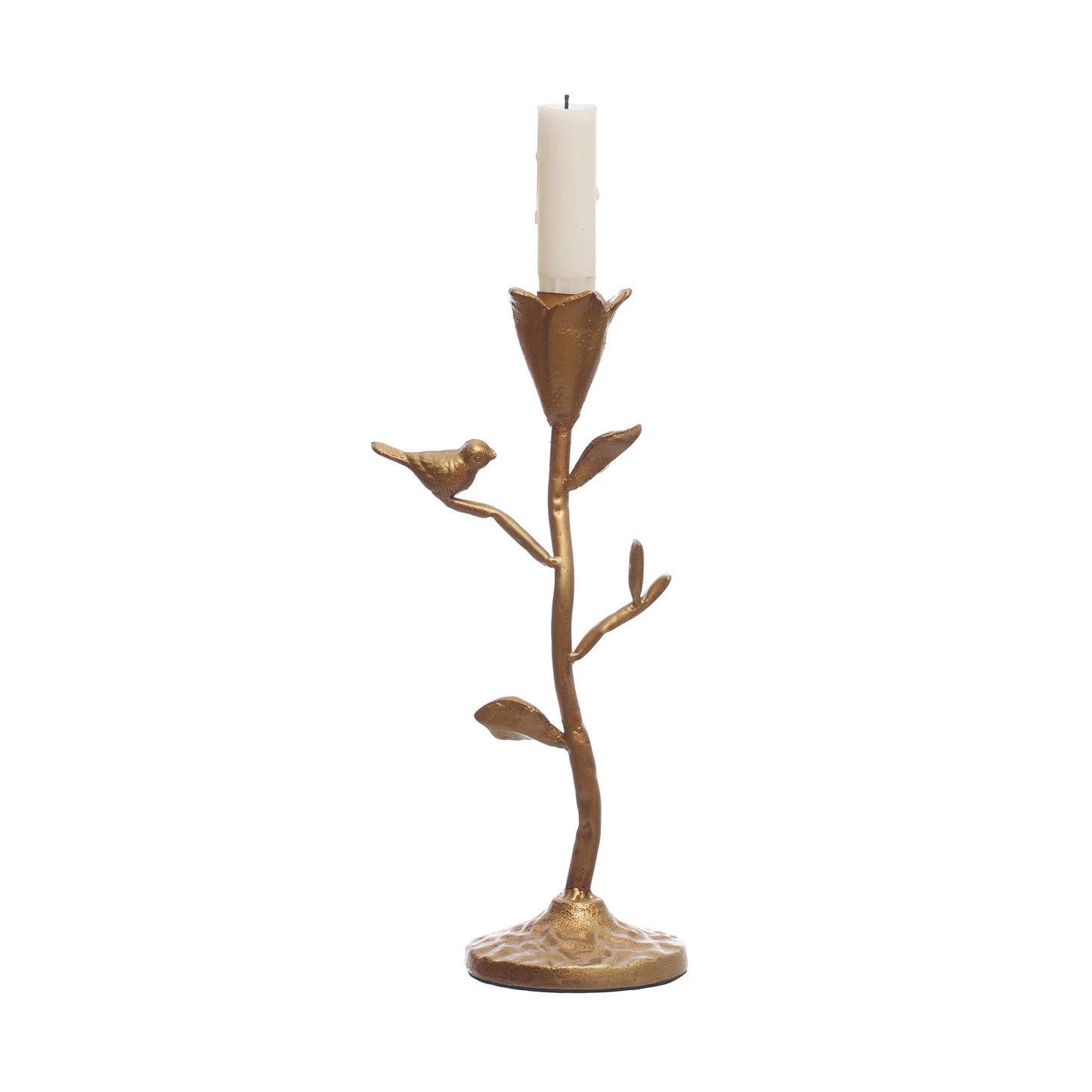 Flower + Bird Cast Iron Bronze Taper Candle Holder