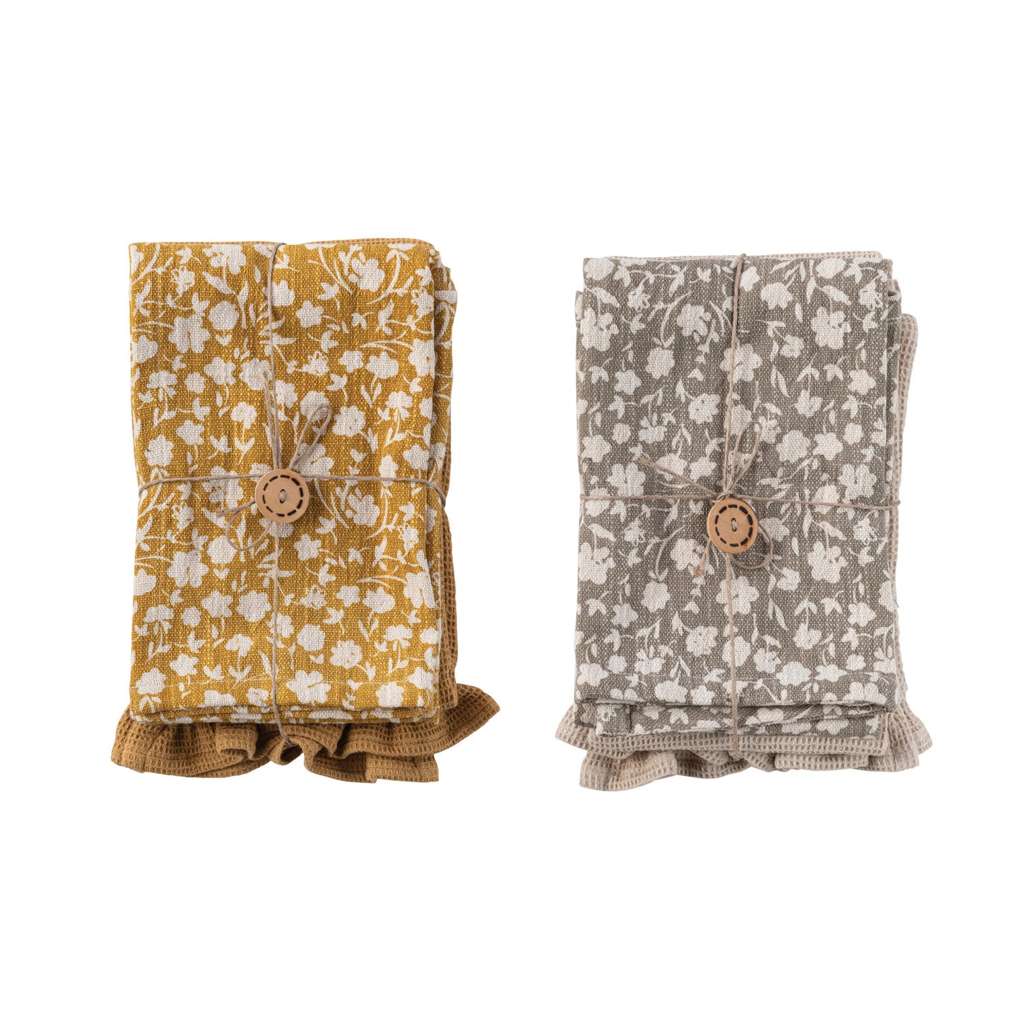 28"L x 18"W Cotton Slub Printed & Cotton Waffle Tea Towels, Set of 2, 2 Styles