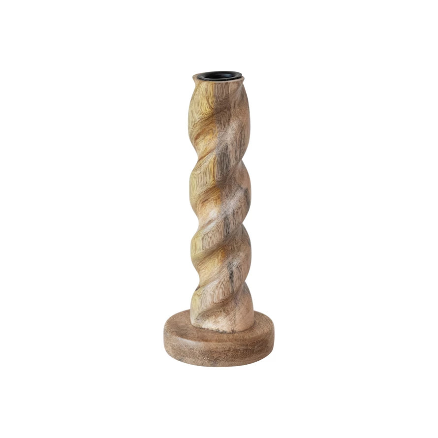 Short Carved Mango Wood Twisted Taper Holder