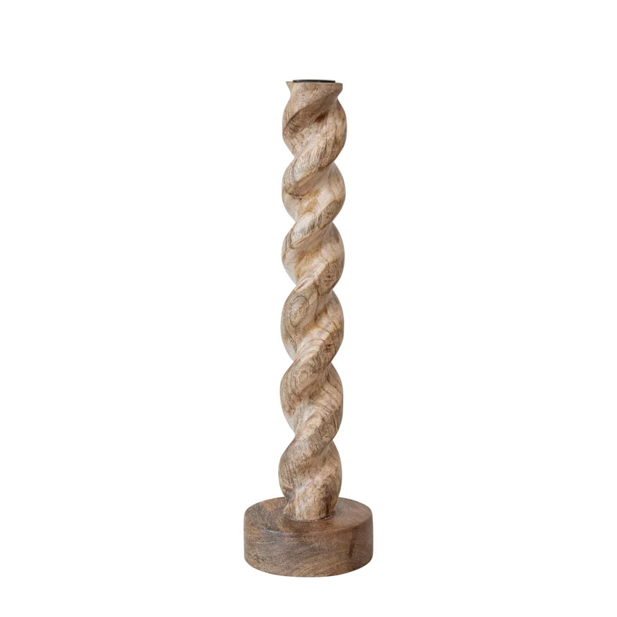 Tall Carved Mango Wood Twisted Taper Holder