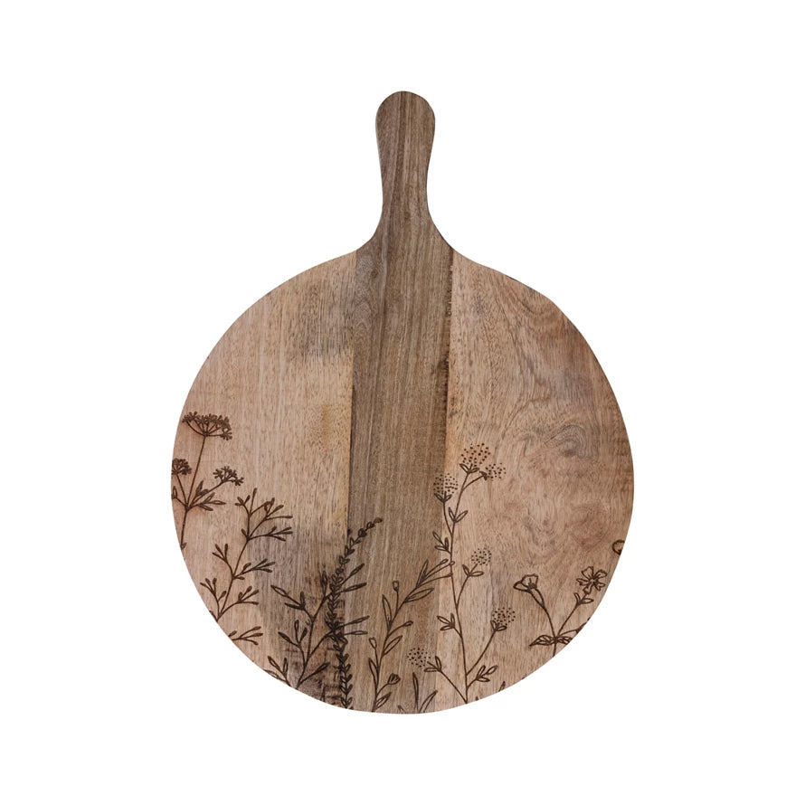 Mango Wood Serving Board w/ Etched Botanicals