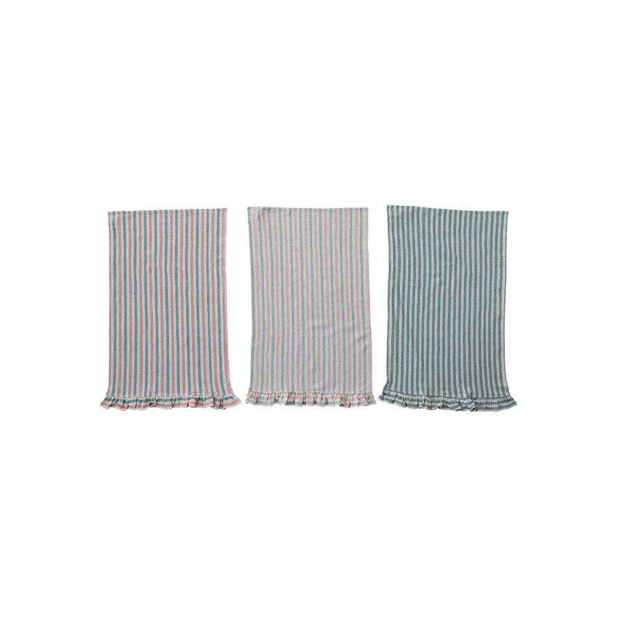 Bistro Striped Woven Cotton Tea Towel w/ Stripes & Ruffle