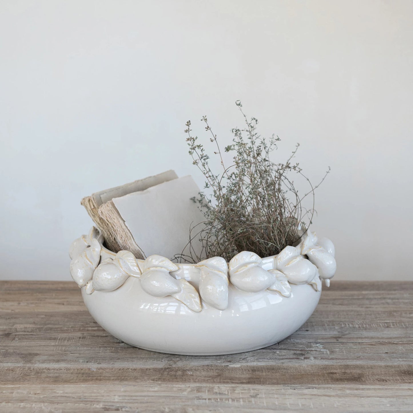 Stoneware Bowl with 3D Lemons, Cream Color