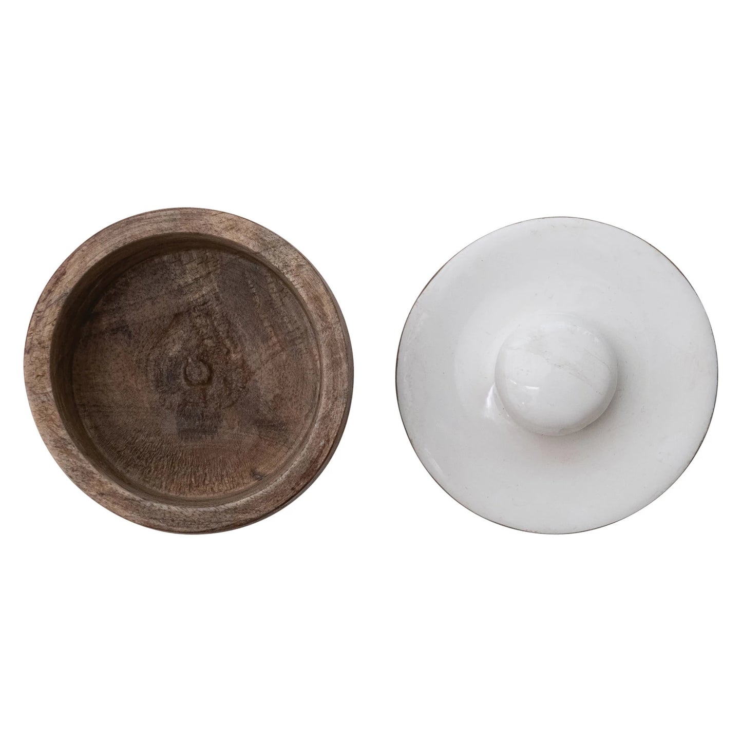 Mango Wood Pinch Pot w/ Enameled Lid, Natural & White