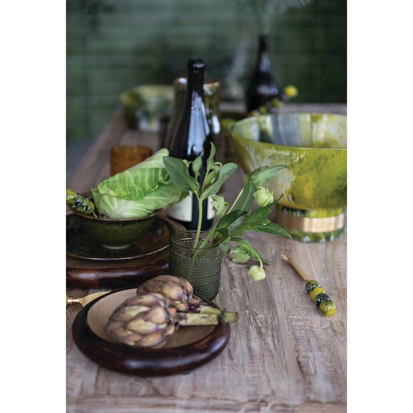 Marbled Resin Footed Bowl with Metal Wrap, Olive Color
