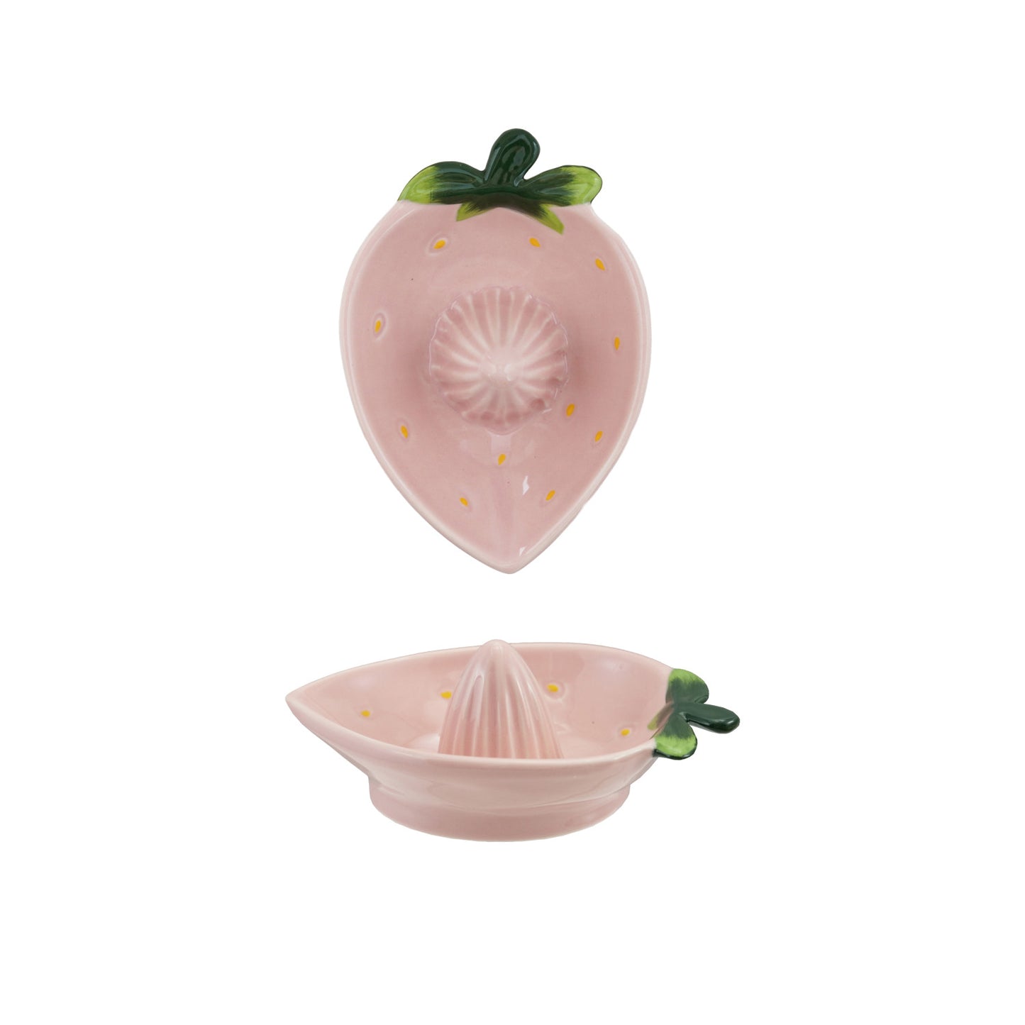 6-1/4"L x 4-1/2"W x 2-1/4"H Hand-Painted Stoneware Strawberry Shaped Juicer, Pink, Green & Yellow