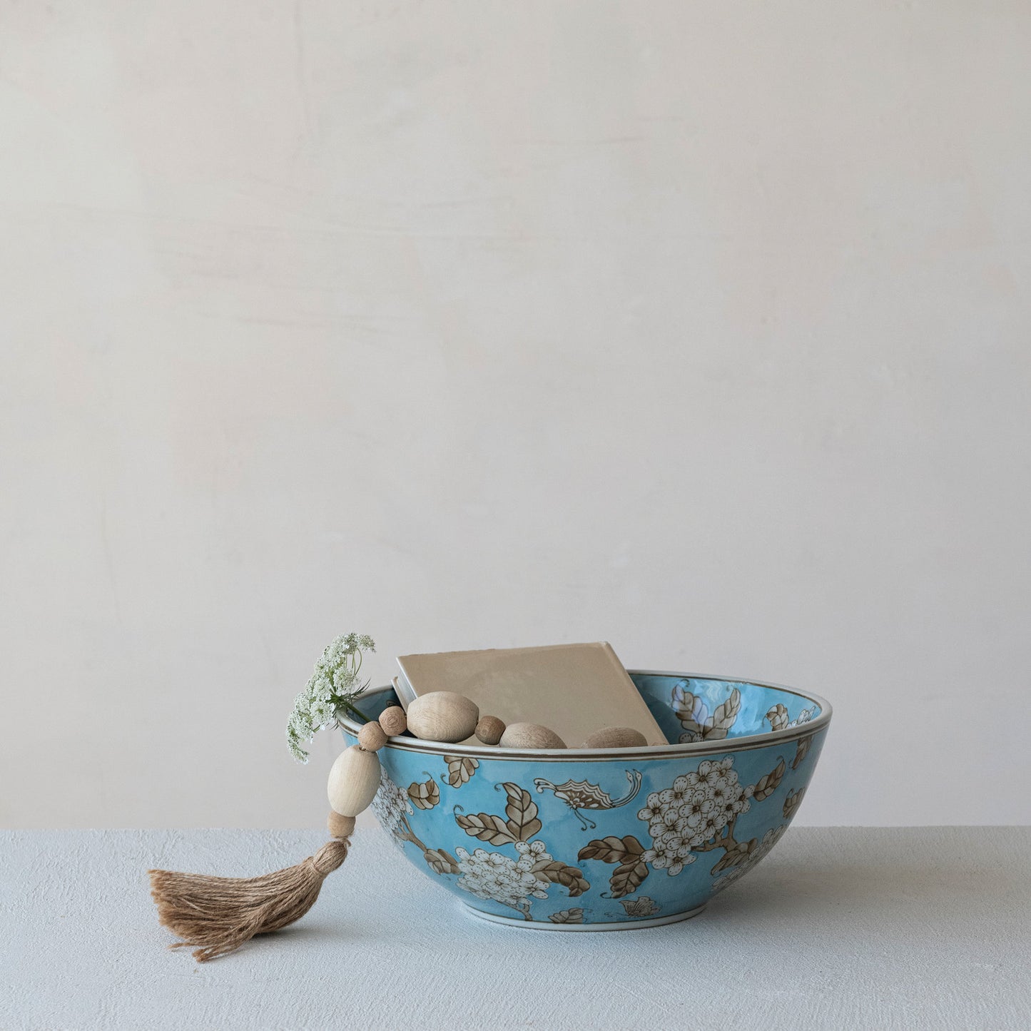 Hand-Painted Stoneware Serving Bowl with Cherry Blossoms, Blue, Brown & White