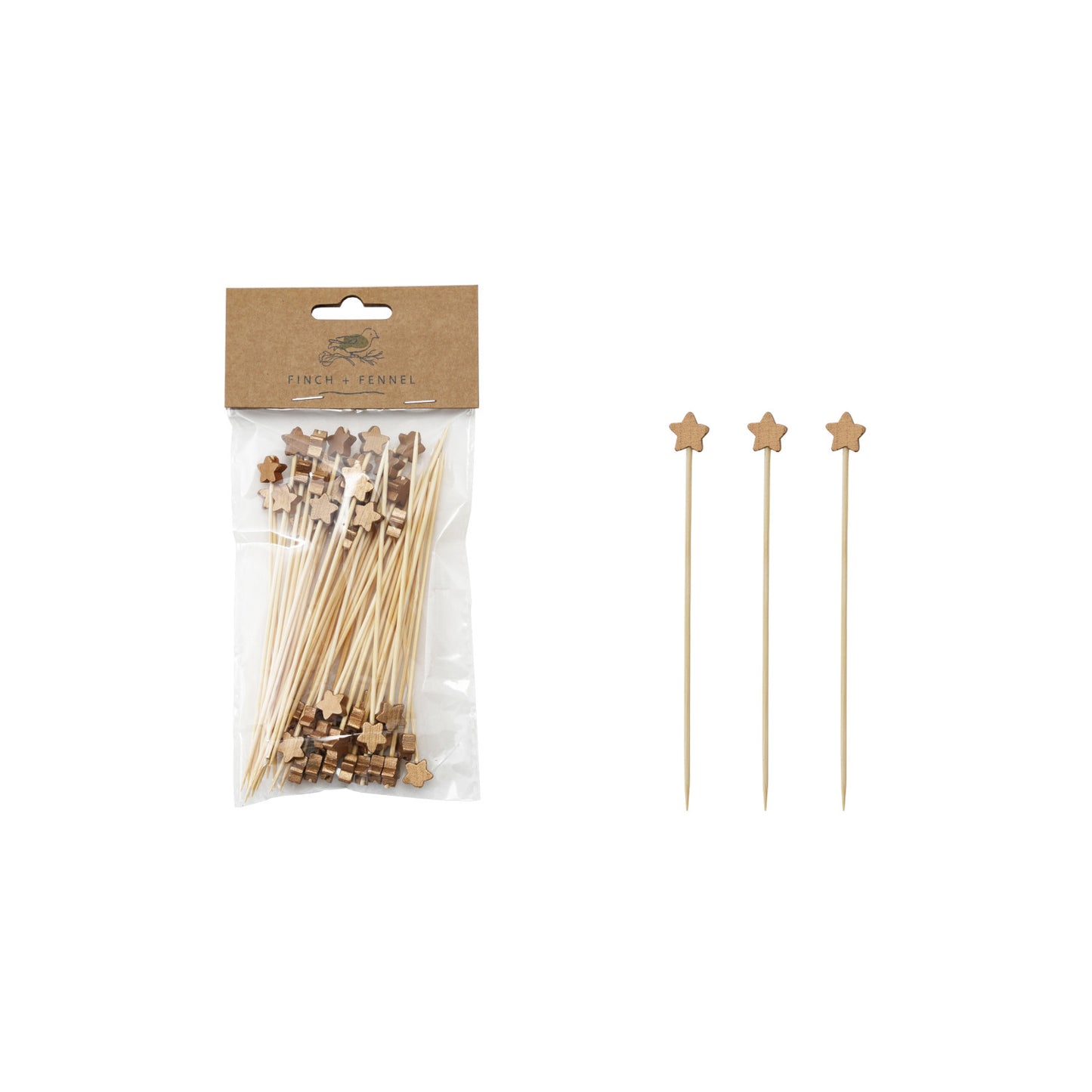 Bamboo Single Use Skewers with Star Shaped Handles, Set of 50
