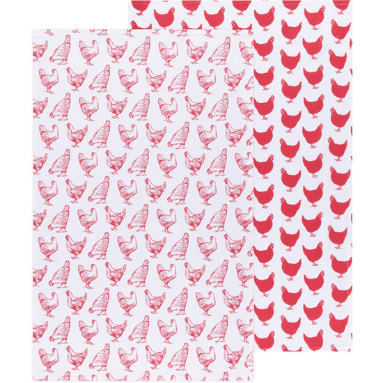 Chickens Print Red Floursack Dishtowels, Set of 2