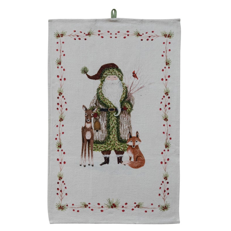 Cotton Slub Printed Tea Towel with Santa & Berries Border, 3 Styles ©