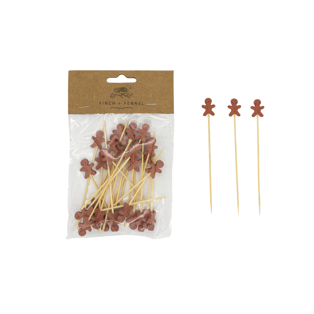 Gingerbread Man Shaped Bamboo Single Use Picks, Natural & Brown, Set of 50