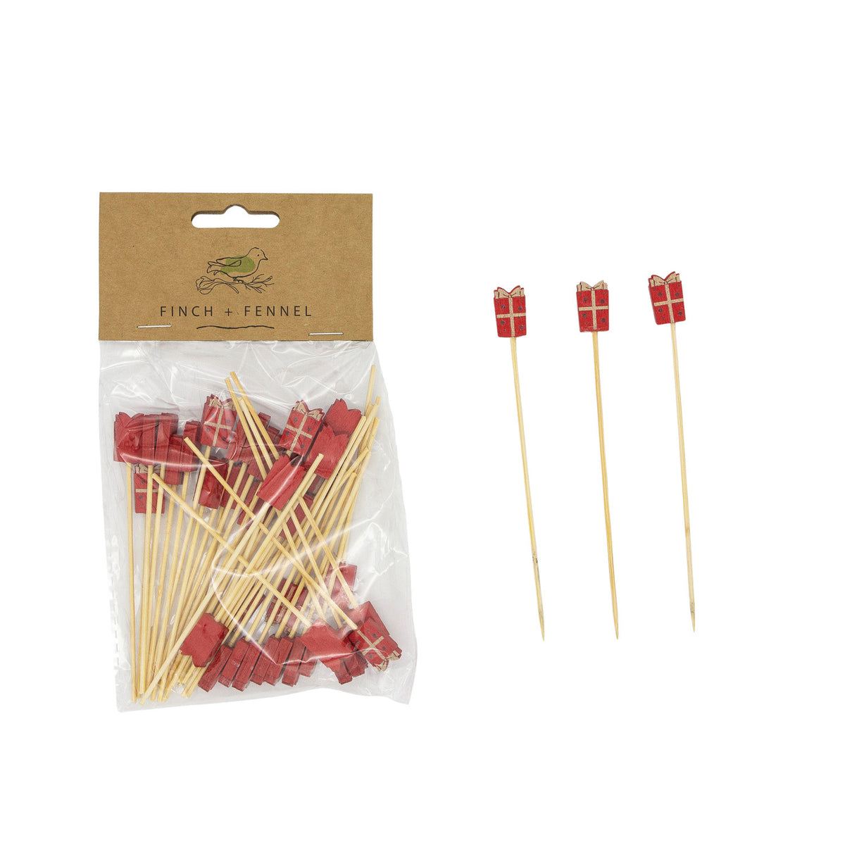 Gift Shaped Bamboo Single Use Picks, Natural & Red, Set of 50