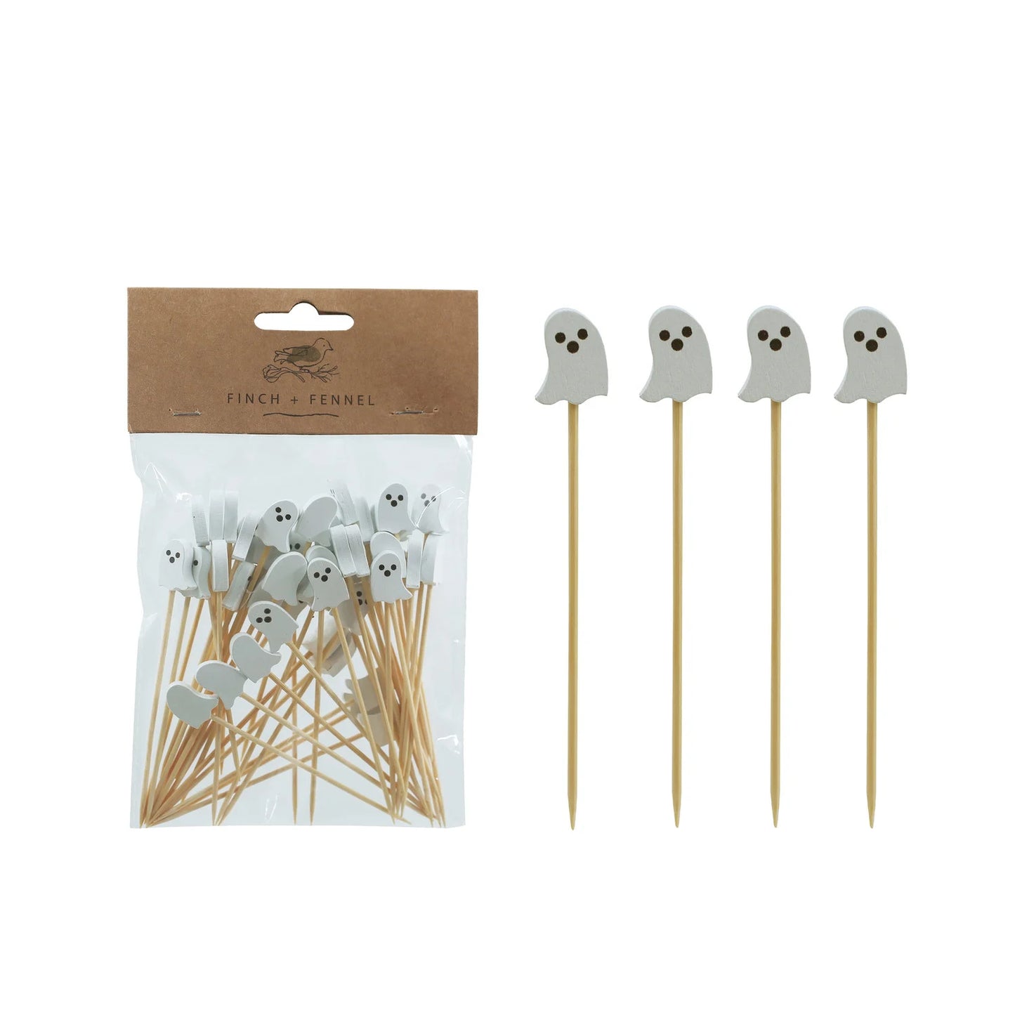 Ghost Shaped Bamboo Single Use Picks, Natural, White & Black, Set of 50