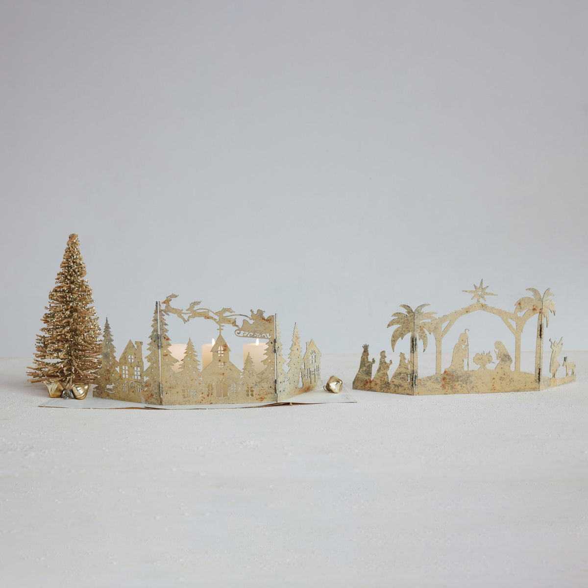 Metal Folding Mantle Scene with Nativity, Distressed Gold Finish
