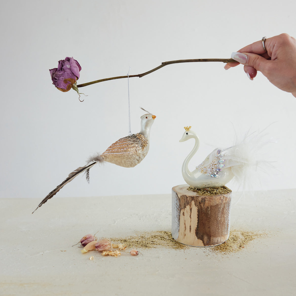 Hand-Painted Mercury Glass Bird Ornament with Sequins, Beads, Glitter & Feathers