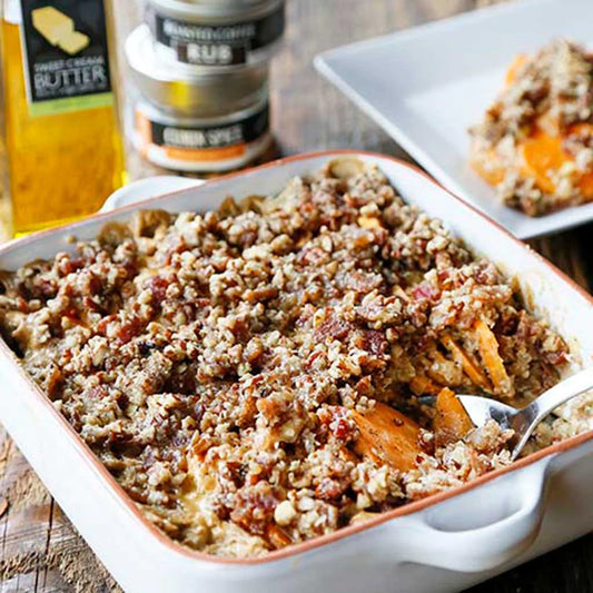 Bourbon Sweet Potato Gratin with a Bacon Pecan Crumble Browns Kitchen