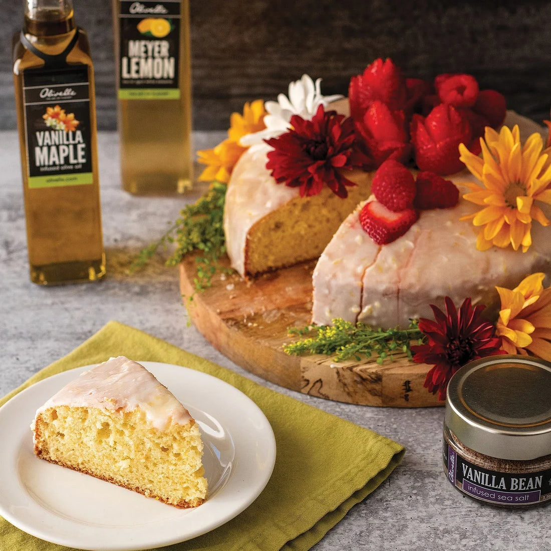 A beautiful vanilla maple olive oil cake decorated with flowers. 