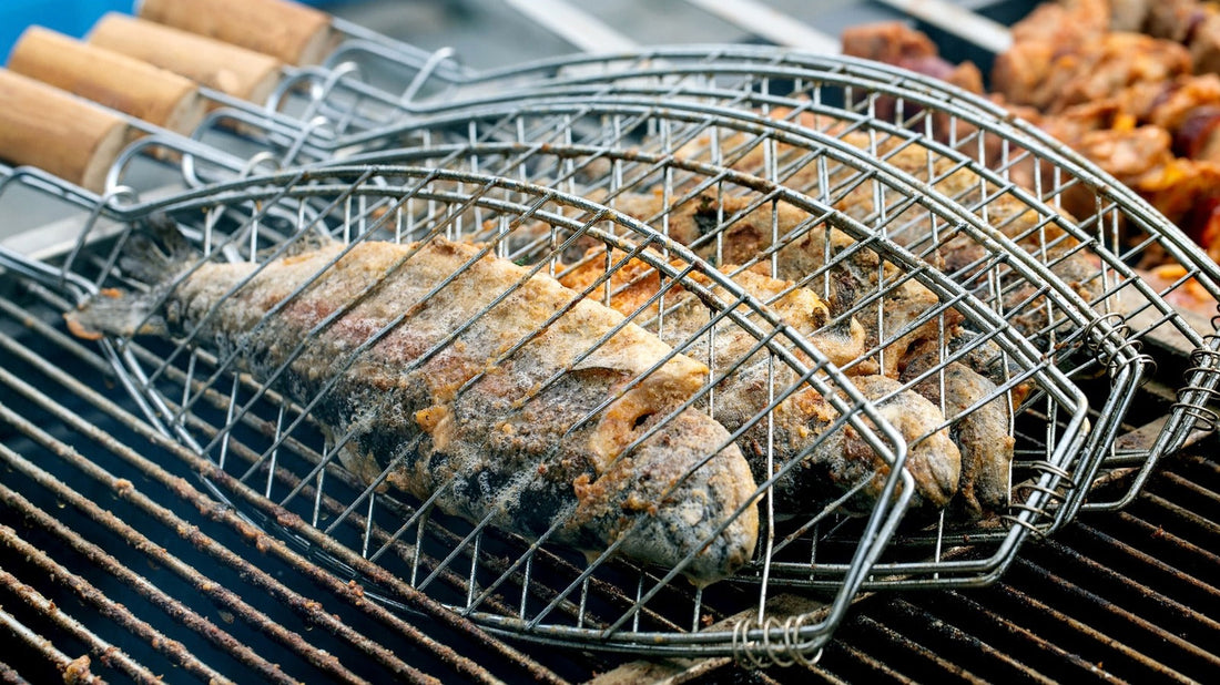 bbq accessories fish Kitchen Groups Steel Non-Stick Coating Grill Net Barbecue Grilling Fis 3 people Fish Grill Basket, Heavy Duty