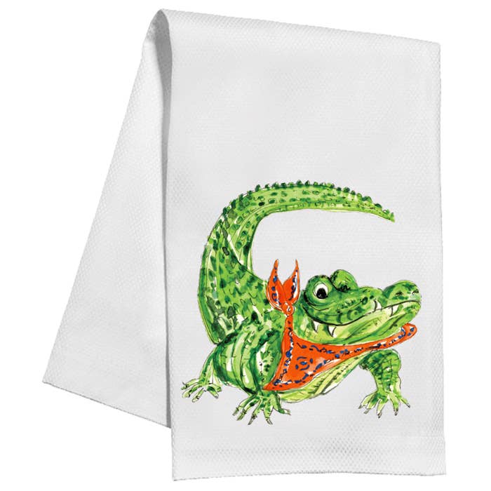 Handpainted Gator with Orange Bandana Kitchen Towel