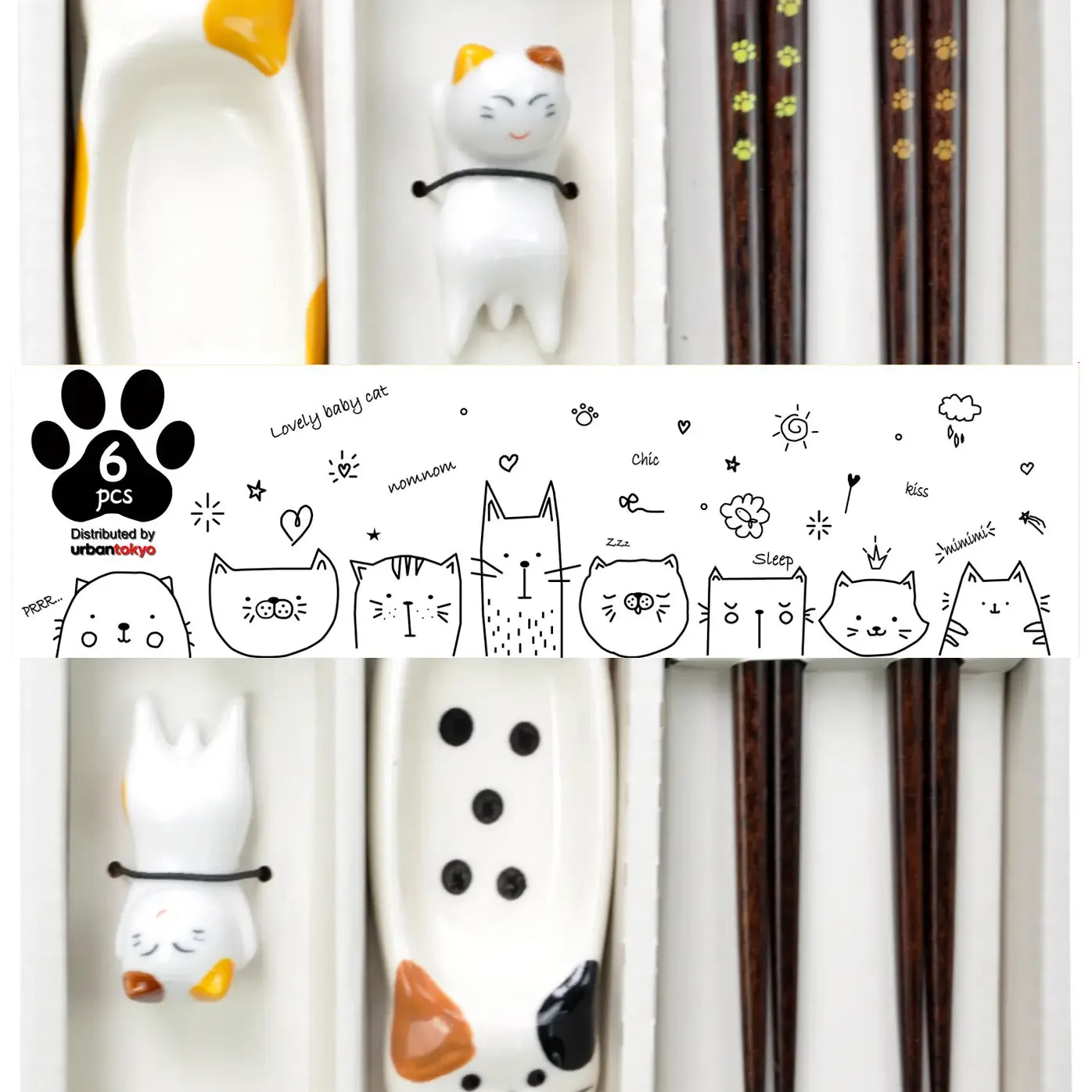 Cat Designed Chopsticks, Sauce Dish, and Rests, Set of 6