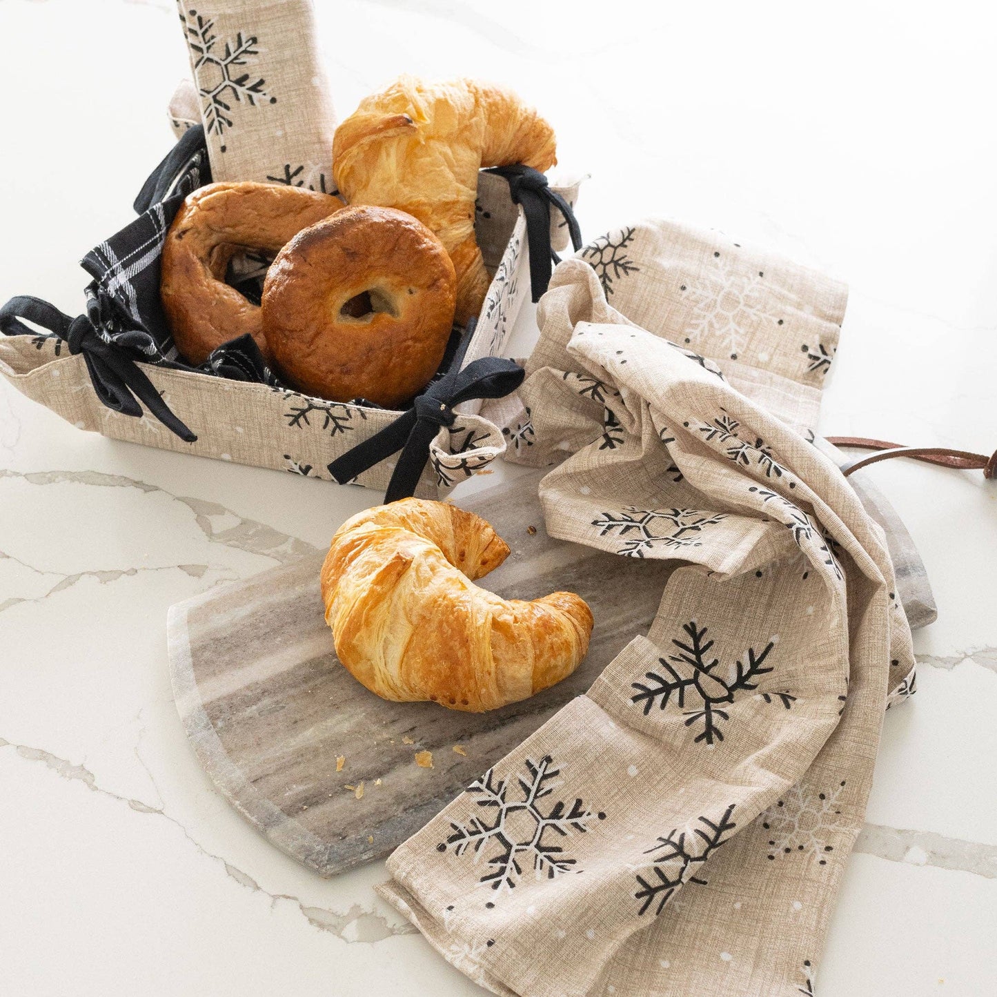 4 Piece Neutral Black Snowflake Tea Towel & Bread Basket Set