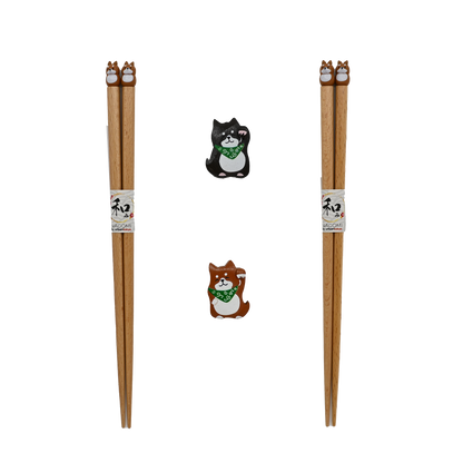 Shiba Inu 2 Pair Wooden Chopsticks and Chopsticks Rests Gift Set