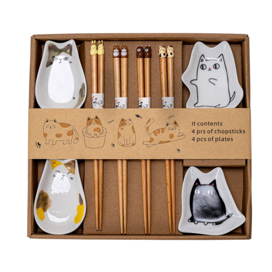 Cute Cats Wooden Chopsticks and Sauce Dish Gift Set