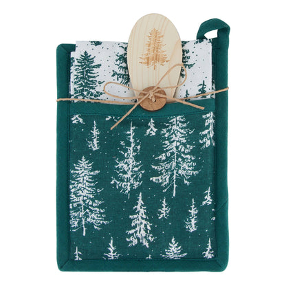 3 Piece Christmas Holiday Evergreen Trees Kitchen Set