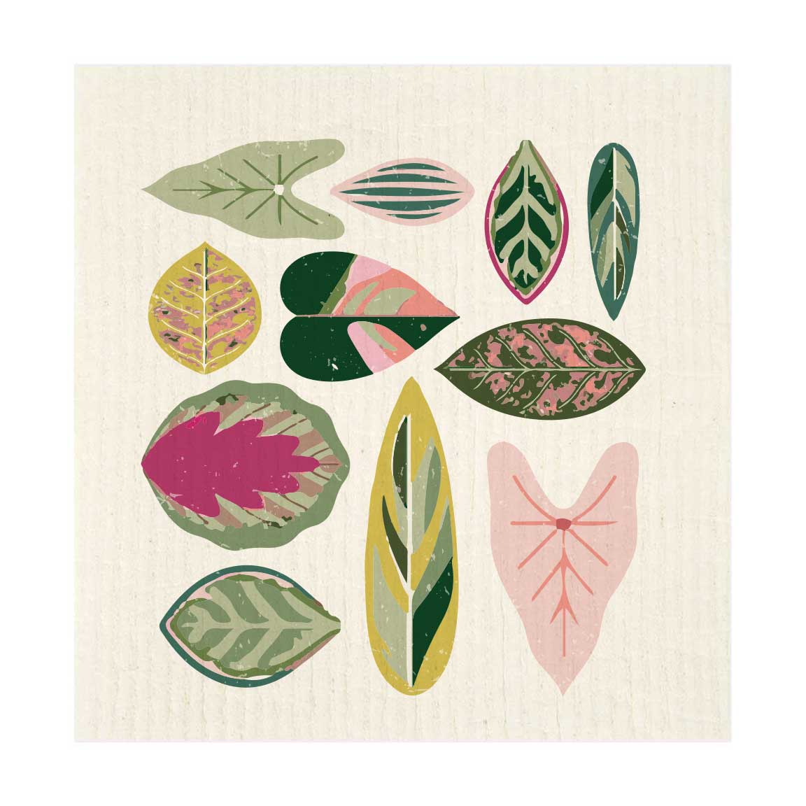 Pink & Green Leaves Swedish Dishcloth