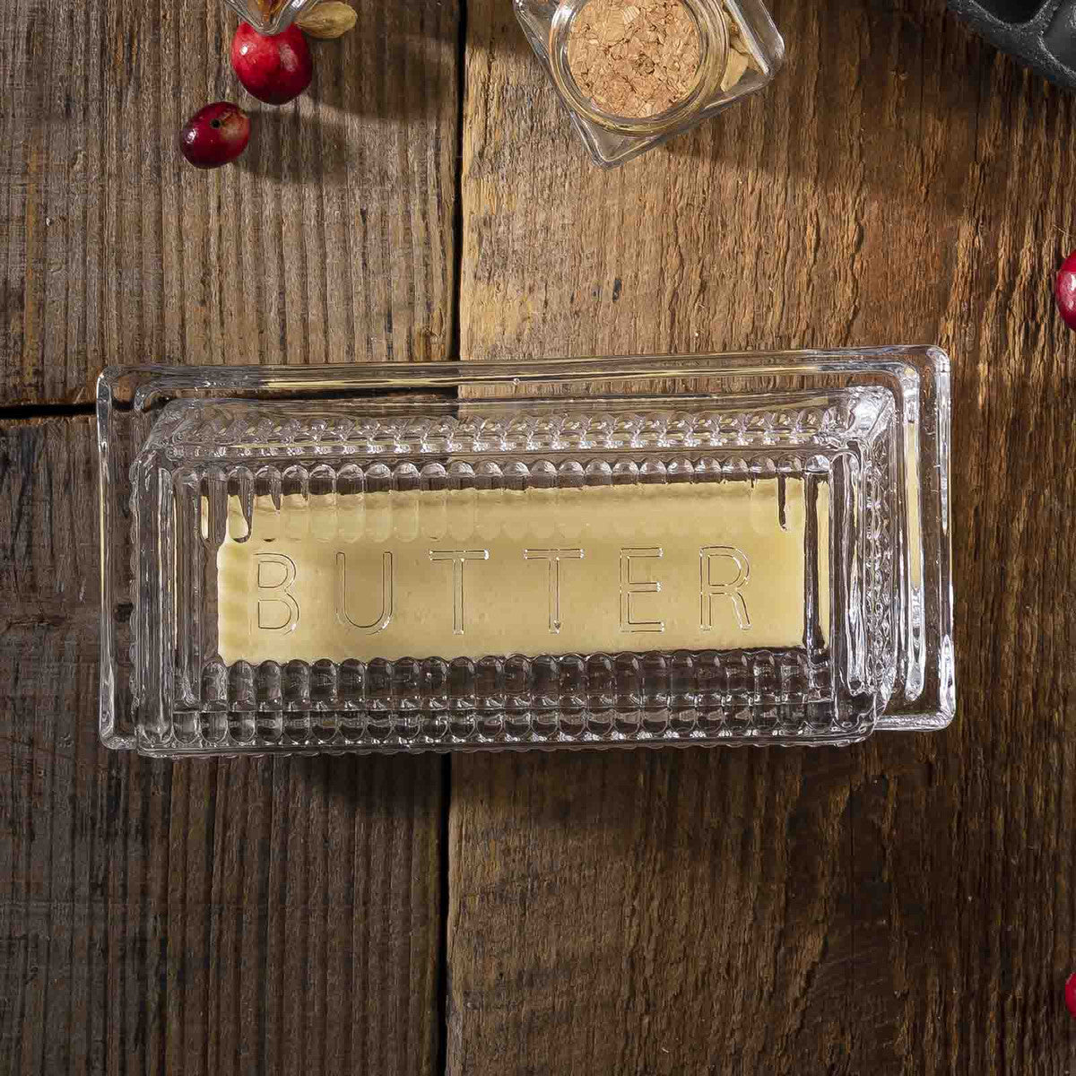 Clear Glass "Butter" Embossed Butter Dish